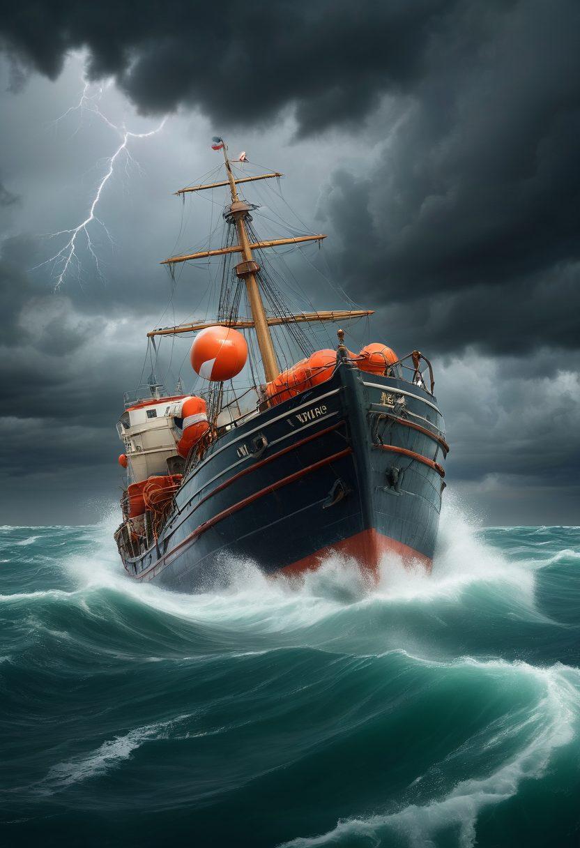 An intricate nautical scene showcasing a ship navigating turbulent seas, symbolizing marine insurance, contrasted with icons of safety like lifebuoys and medical kits floating in the water. The backdrop features a stormy sky with lightning, representing accidents and protection. The colors are dramatic and gripping to capture attention. super-realistic. vibrant colors. 3D.