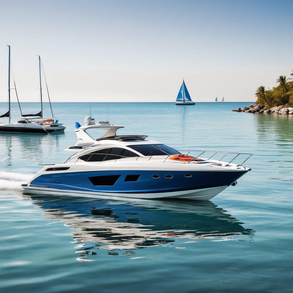 A collection of various watercraft including a sleek yacht, a vibrant jet ski, and a classic sailboat all anchored on a crystal clear shoreline under a sunny sky. Overlay with icons representing key insurance policies like theft protection, liability coverage, and dockside assistance. The setting conveys a sense of security and adventure. super-realistic. vibrant colors. white background.