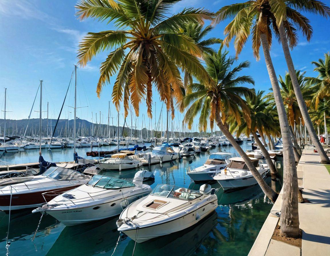 A calm marina scene featuring a variety of boats anchored peacefully in crystal clear waters. In the foreground, a knowledgeable figure holds a boat insurance guide, with key terms such as 'coverage', 'premium', and 'liability' illustrated around them. Sailboats and motorboats reflect the sunlight, while palm trees sway gently in the background. The overall ambiance conveys a sense of security and adventure in the boating world. vibrant colors. super-realistic.